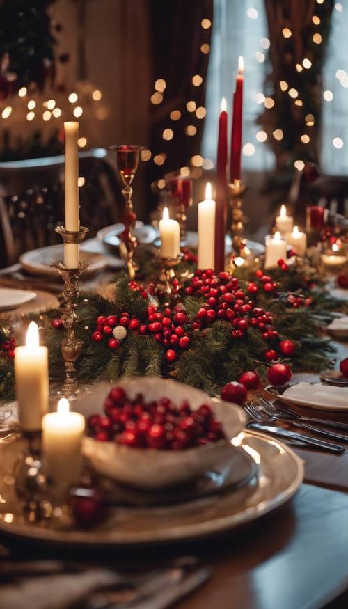 Meja makan elegan yang disiapkan untuk makan malam Natal yang mewah, diterangi cahaya lilin dan dikelilingi oleh karangan bunga dan buah beri merah.