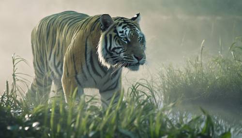 Un tigre vert solitaire rôdant dans un marais brumeux, ses yeux de jade brillant mystérieusement dans la brume.