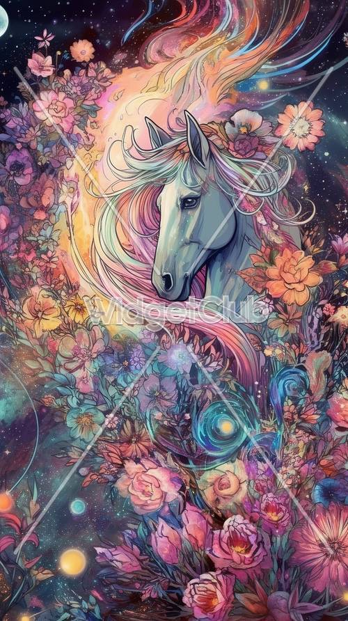Unicornio mágico en el jardín de flores