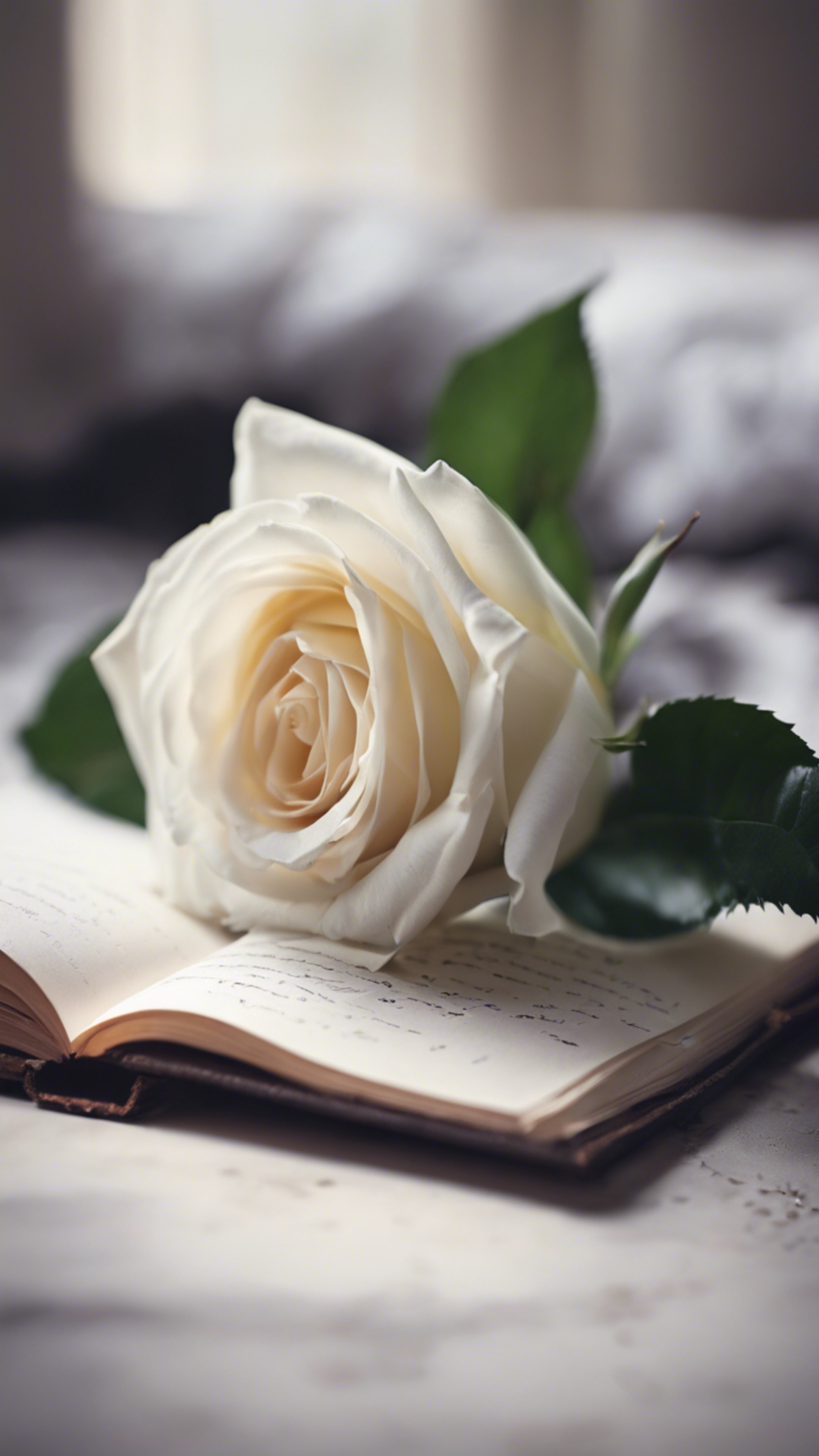 A handwritten confession of love adorned by a fresh, white rose. Tapet[ca91da3bae694a85a8d6]