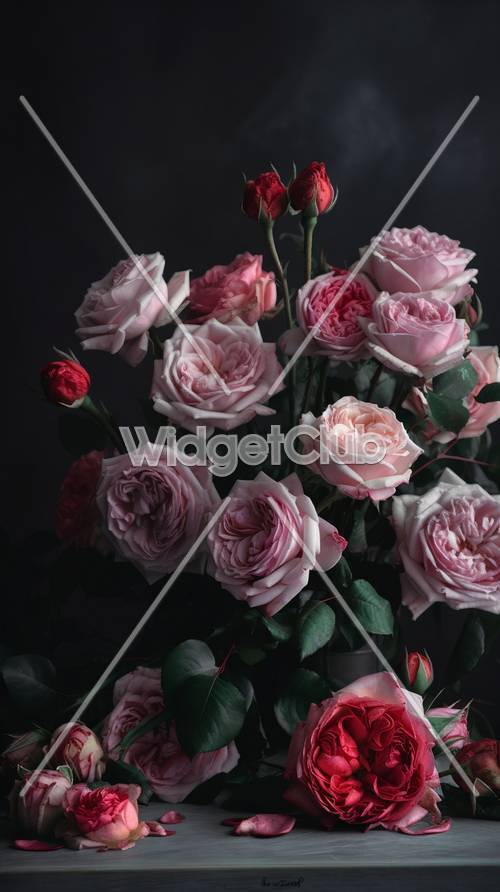 黑暗中美麗的粉紅和紅玫瑰