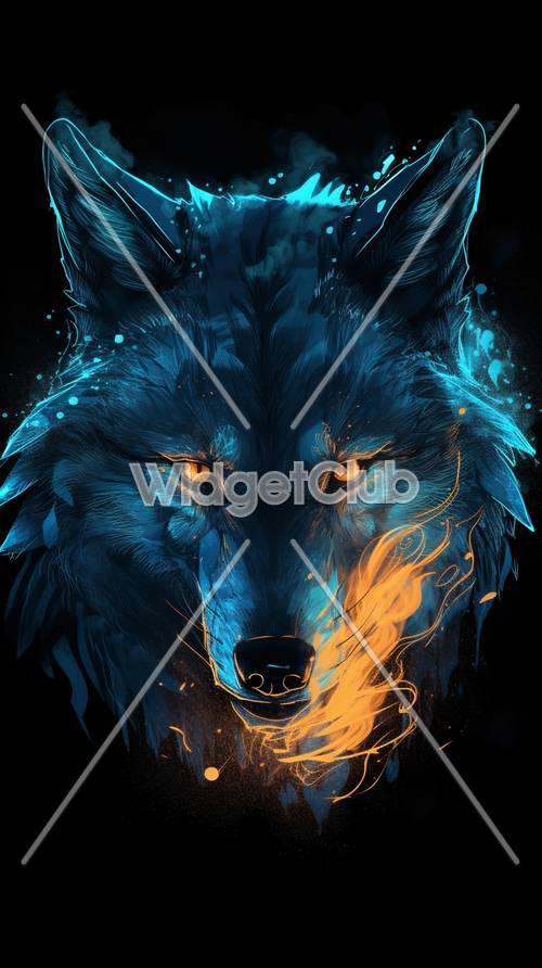 Blue and Orange Fiery Wolf Art