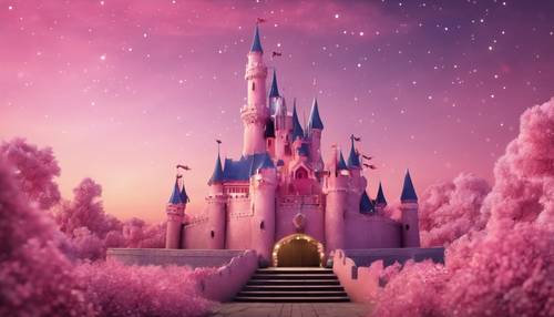 一座粉红色的公主城堡坐落在布满闪亮星星的黄昏天空下。