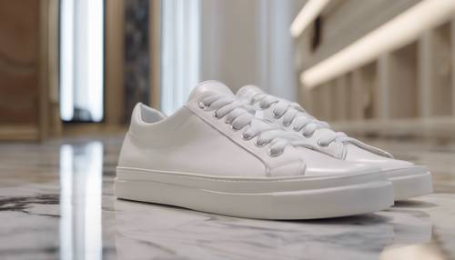 A pair of squeaky clean white sneakers placed side by side on a pristine marble floor in a luxurious fashion boutique.