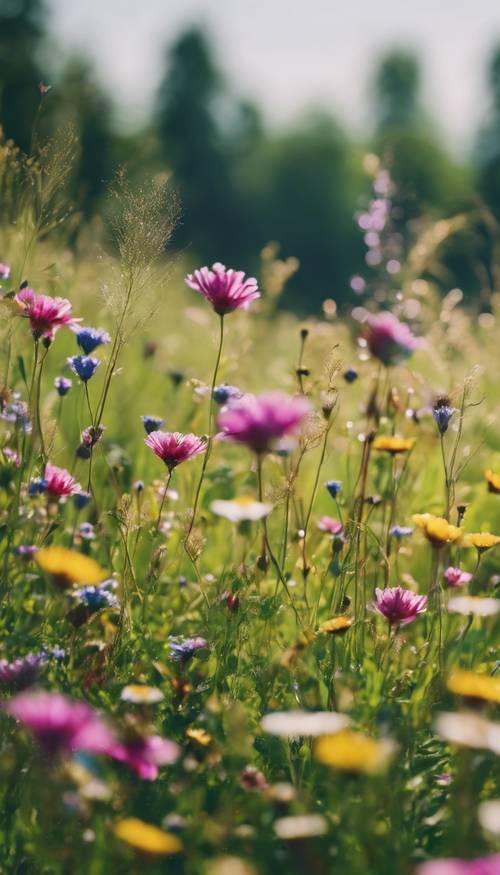 Suatu hari yang cerah di padang rumput yang luas, dilukis dengan rumput hijau subur dan bunga liar berwarna-warni.