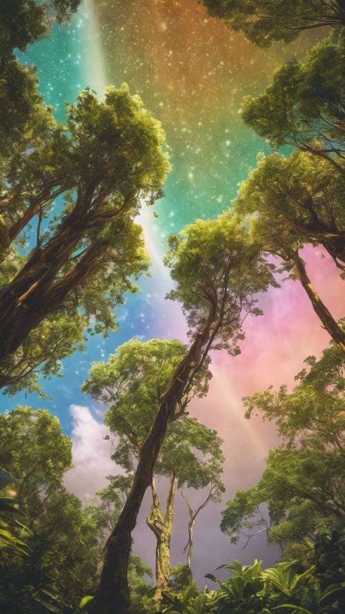Un grand arc-en-ciel bohème au-dessus d’une canopée de jungle animée.