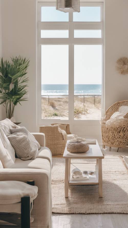 Apartamento em estilo praiano com paleta de cores claras e arejadas, móveis casuais e decoração à beira-mar.