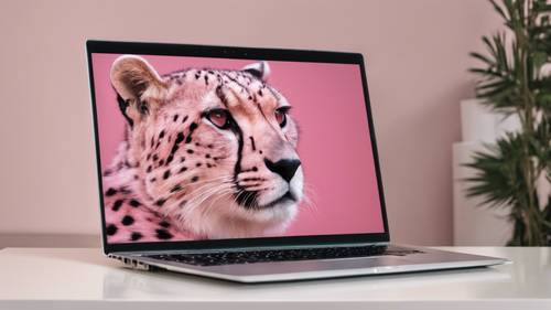 A pink cheetah print laptop skin, photographed in a modern study room.