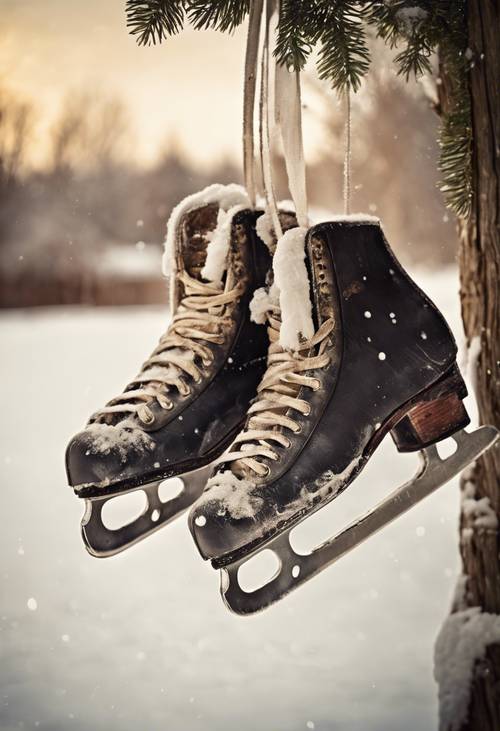 Ein Paar alte und abgenutzte Schlittschuhe hängen an einem Holzhaken und erzählen Geschichten aus vergangenen Wintern.