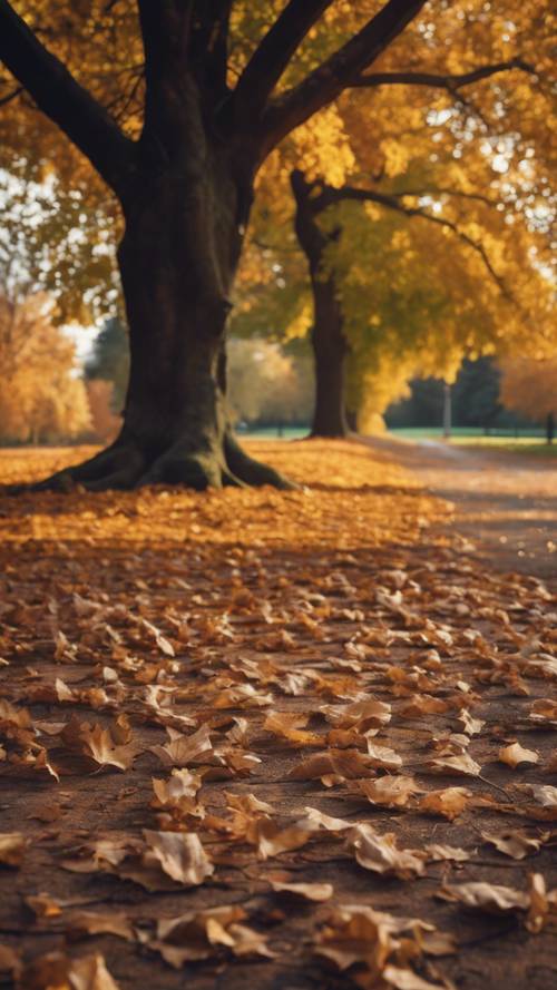 Eski bir meşe ağacının ve yerde yaprakların olduğu, koyu ekose desenli bir sonbahar sahnesi.