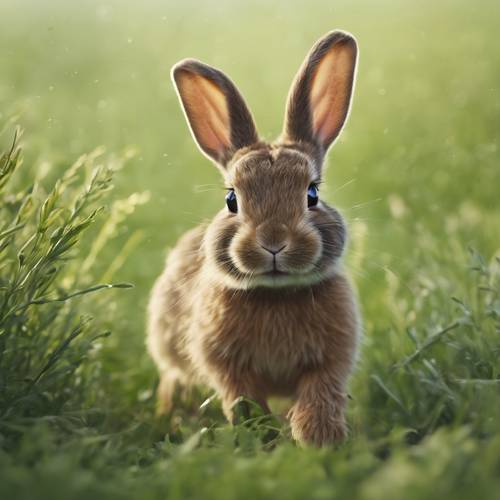 ציור של ארנב חום מחייך קופץ בבוקר הערפילי באחו ירוק.