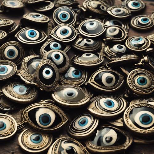 A pile of black evil eye amulets in an antique store, basking under the warm sun.