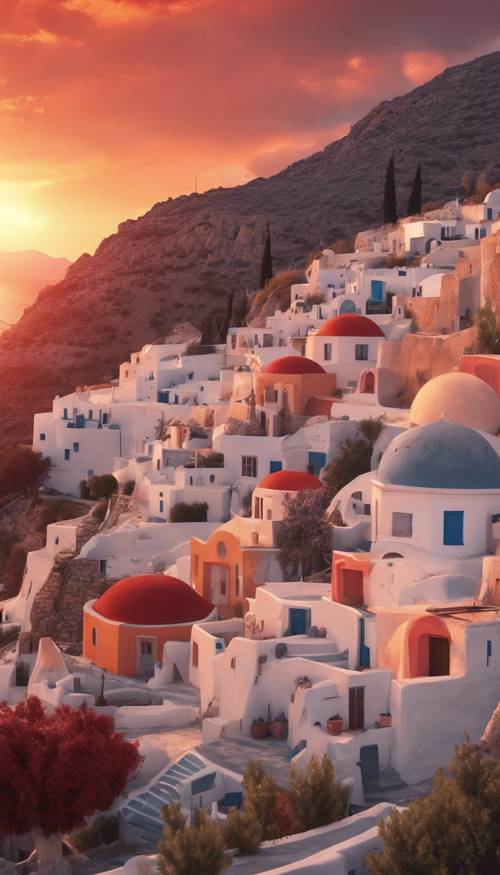 A picturesque village on a Greek island just as the sun is setting, painting the sky in hues of red and orange.