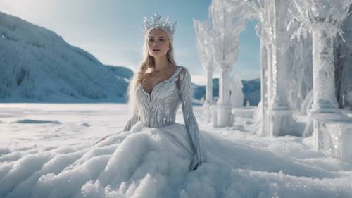 Uma rainha do gelo em um vestido branco brilhante, residindo em seu grande palácio gelado em meio a uma extensa paisagem nevada.