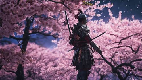 Cahaya bulan berkilauan di atas hutan bunga sakura, dengan seorang pejuang anime siap berperang.