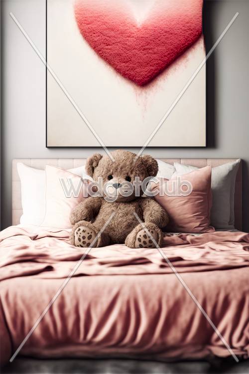 粉紅色床罩上的可愛泰迪熊