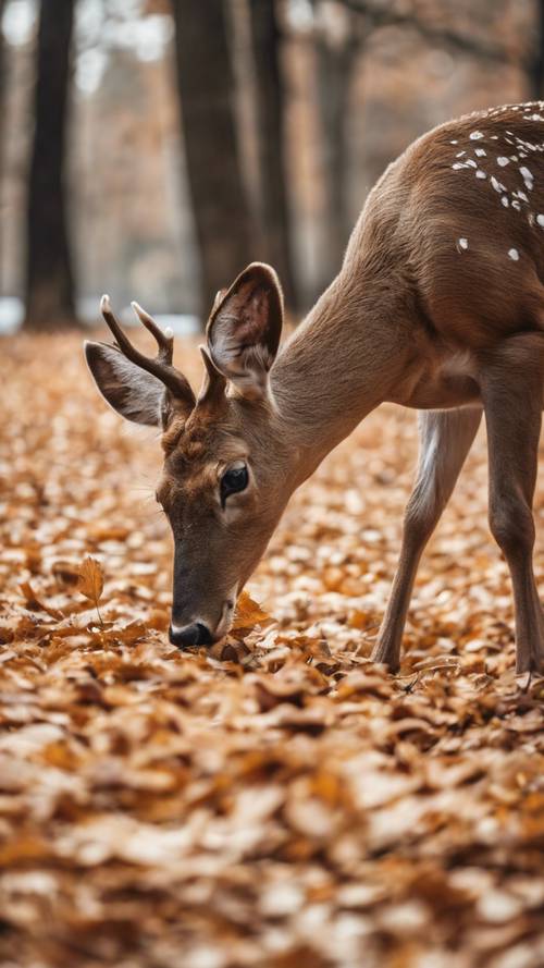 A solitary deer eating from the ground covered in auburn fallen leaves.