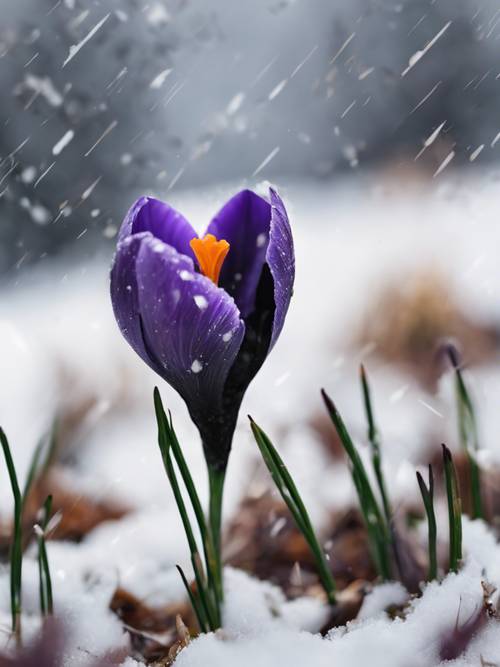Ein schwarzer Krokus gedeiht, während er sich durch den restlichen Schnee des frühen Frühlings kämpft.