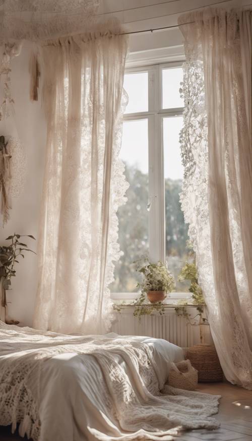 Una vista de un dormitorio boho chic con una brisa primaveral que sopla sobre cortinas de encaje blanco.