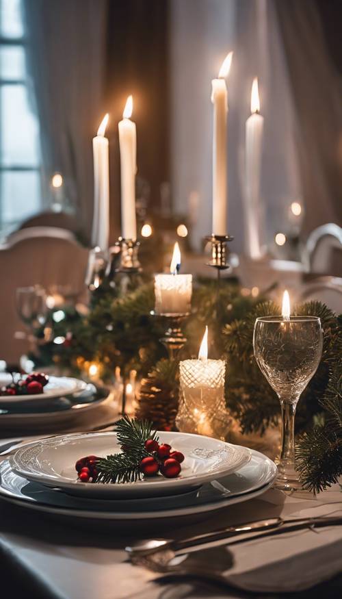Una elegante mesa de cena navideña con velas y acebo.