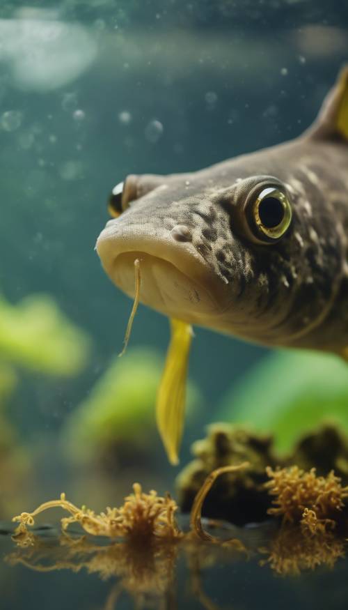 Tatlı su akvaryumunda bir yaprağın üzerinde huzur içinde dinlenen sevimli bir yavru otocinclus yayın balığı.