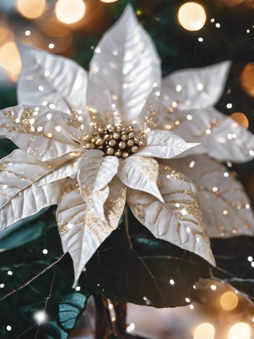 부드러운 크리스마스 조명 아래 반짝이로 장식된 축제용 흰색 포인세티아.