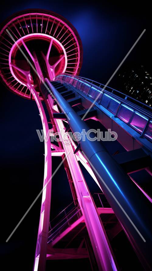 Neon Lit Ferris Wheel at Night