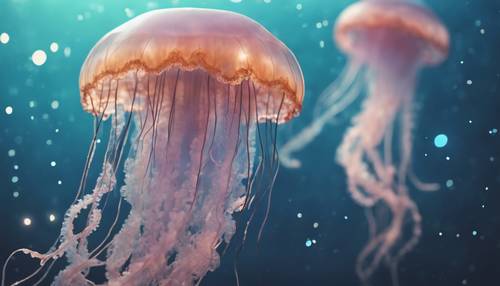 Dreamy, pastel-colored jellyfish with tiny stars inside, creating a surrealistic, fantasy-like atmosphere in the deep ocean. Tapet [a30f2d9263df4e2ba876]