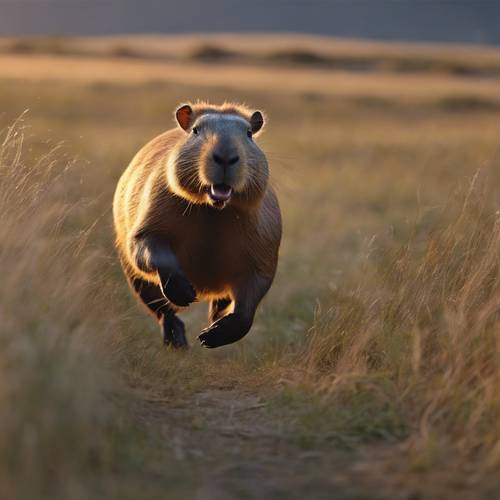 A large capybara running gracefully through the grasslands during twilight.