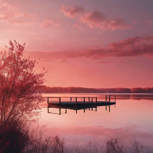 A light red sky at dawn over a peaceful lake.