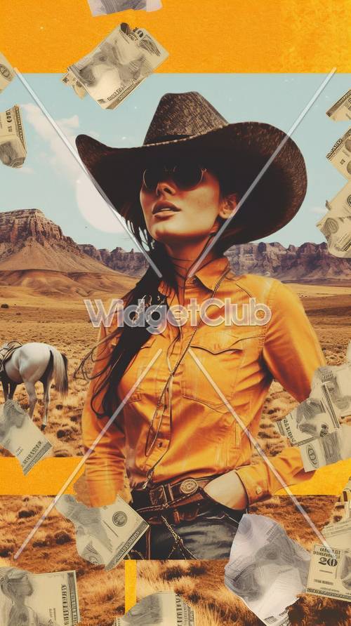 Cowgirl de camisa laranja com óculos escuros e dinheiro voando no deserto