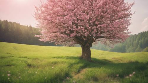 A tranquil countryside scene featuring a single pink blossom tree in a green meadow.