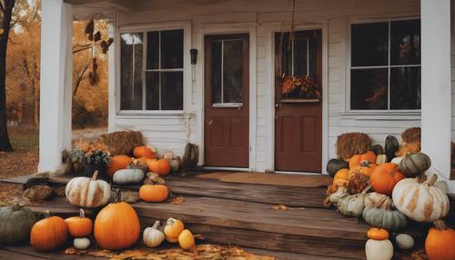 Uma cena de outono chuvoso com uma varanda decorada em estilo boho, completa com uma variedade de abóboras, milho seco e cabaças.