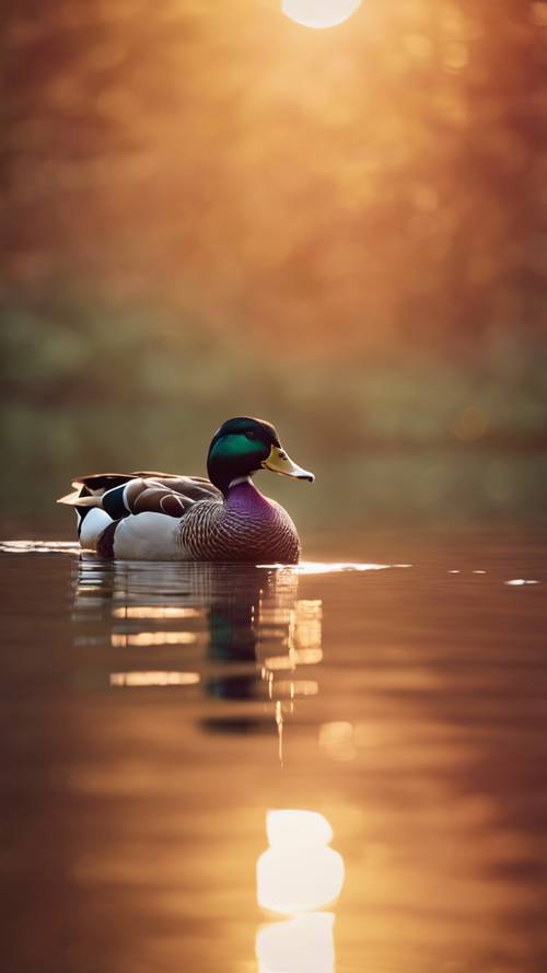 Canlı bir gün batımı sırasında sakin bir gölde huzur içinde yüzen görkemli bir ördek.