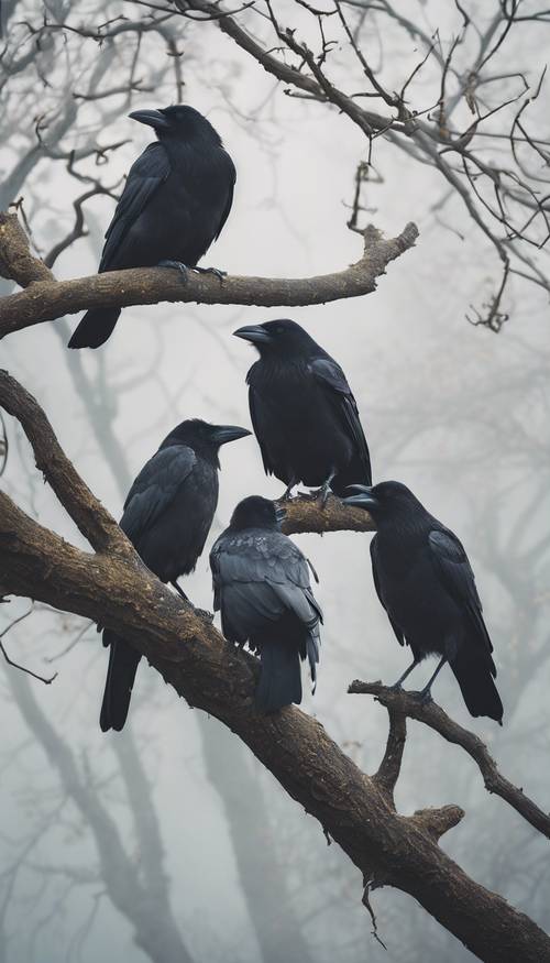 A group of crows sitting on bare tree branches on a foggy day