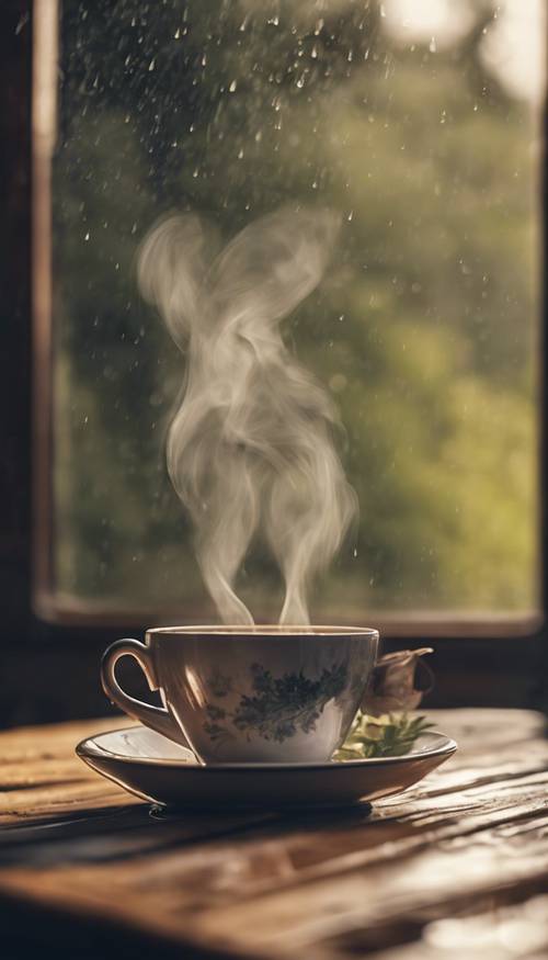 Un après-midi pluvieux dans un décor cottagecore où la vapeur s&#39;élève d&#39;une tasse de thé chaude sur une table en bois.