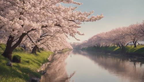 Wiosenny poranek z kwitnącymi wiśniami wzdłuż spokojnej rzeki.