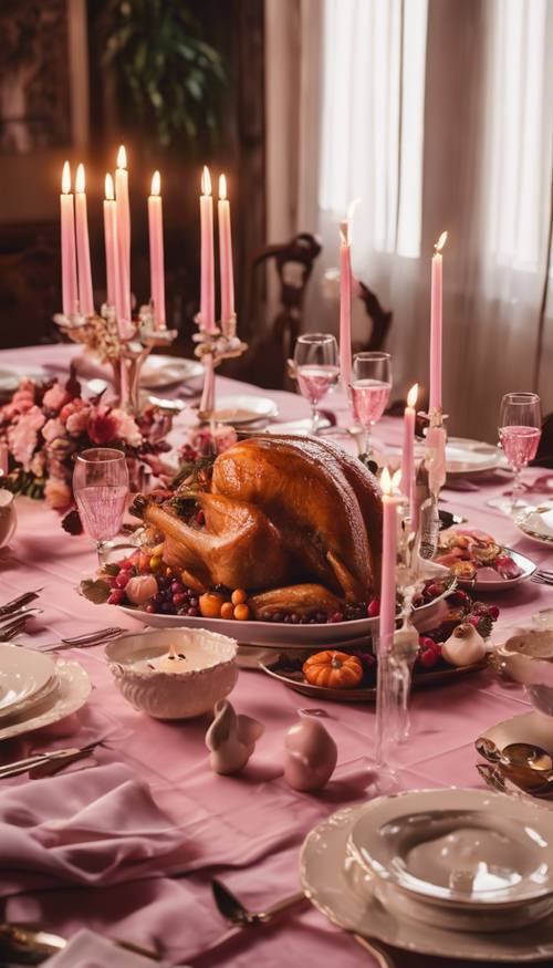 Ein extravaganter Thanksgiving-Esstisch mit rosa Tischdecke, Kerzen, Porzellan und Besteck. Hintergrund [780e4886c51b49d0b2cd]