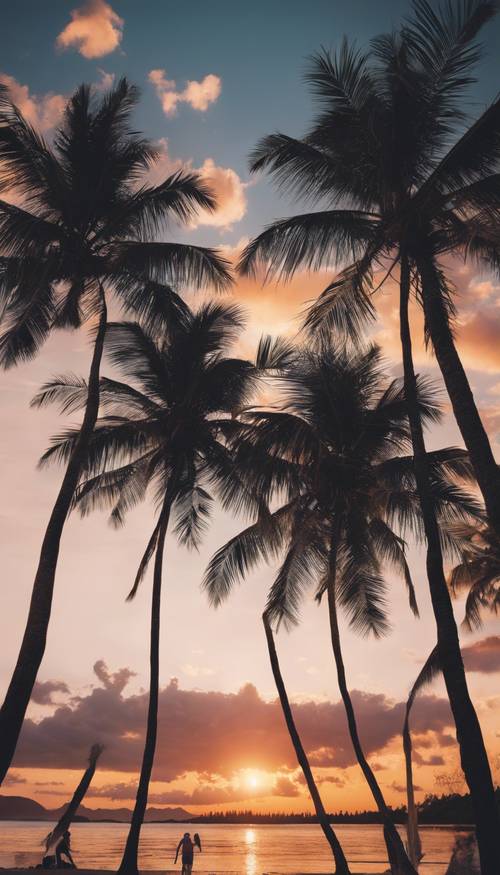 Um mural caprichoso de um pôr do sol tropical com silhuetas de palmeiras em uma praia.