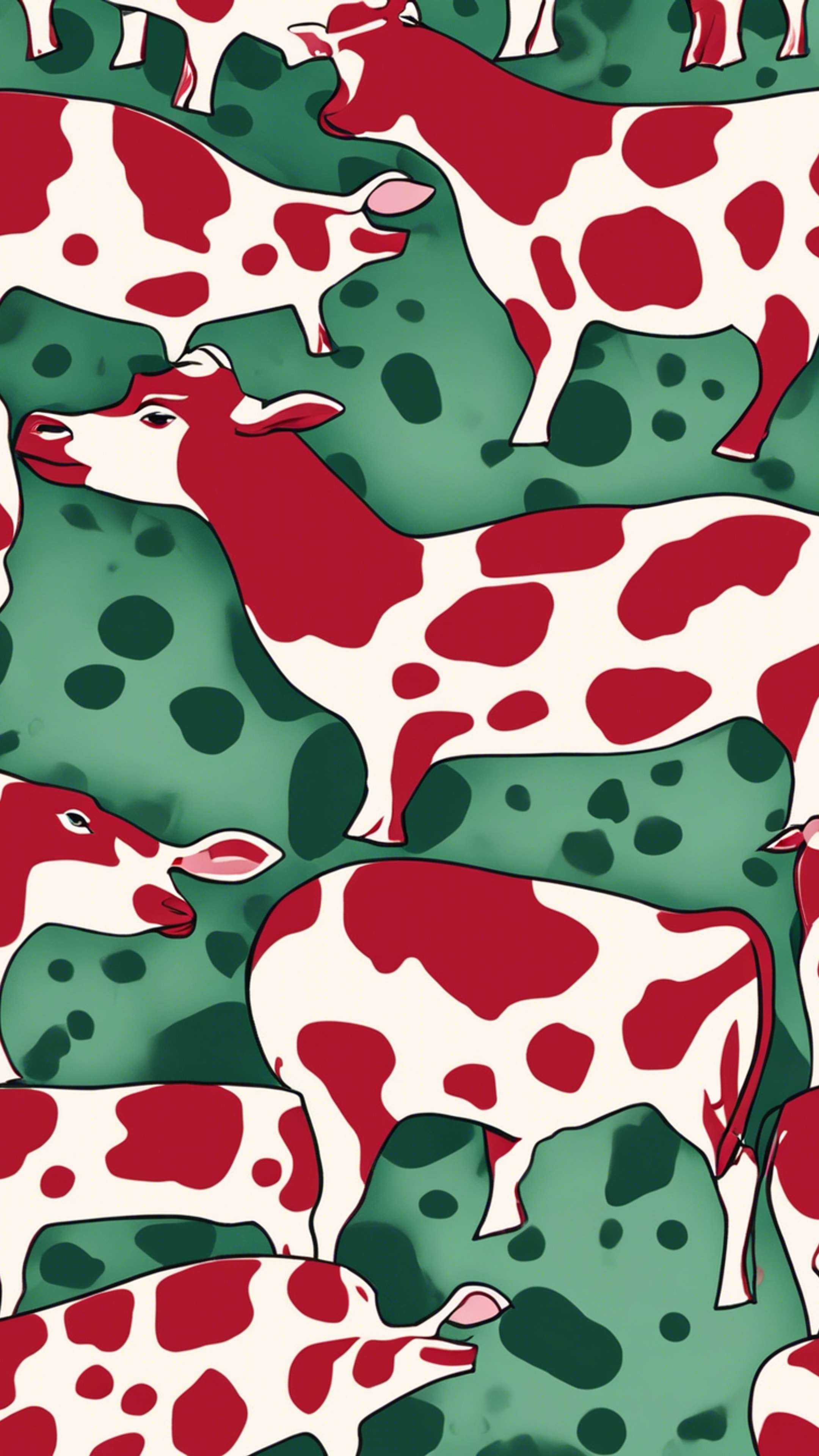 A dynamic, textured pattern of red and green cow spots. Tapet[159333102a774de6a0e2]