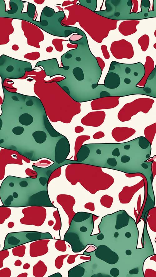 Un patrón dinámico y texturizado de manchas de vaca rojas y verdes.