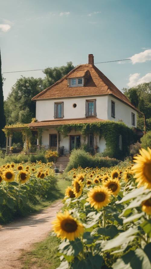 A peaceful country farmhouse nestled amongst a lush, green garden blooming with sunflowers under a clear blue sky.