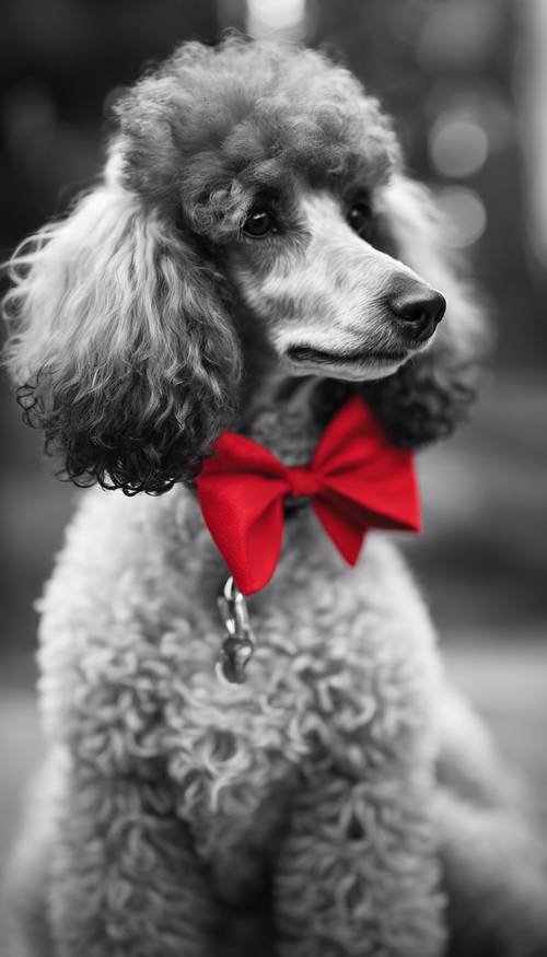 Black and white poodle sitting patiently with a red bow on its head, waiting for a treat. Tapet [34cbbf10a9c7463bb7b2]