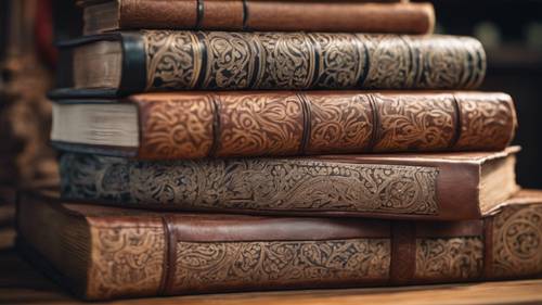 A stack of antique, leather-bound books with intricate paisley prints etched into the covers.