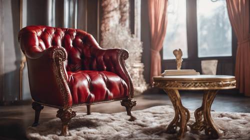 Изысканное красное кожаное кресло с текстурированной высококачественной обивкой в ​​роскошном уголке для чтения.