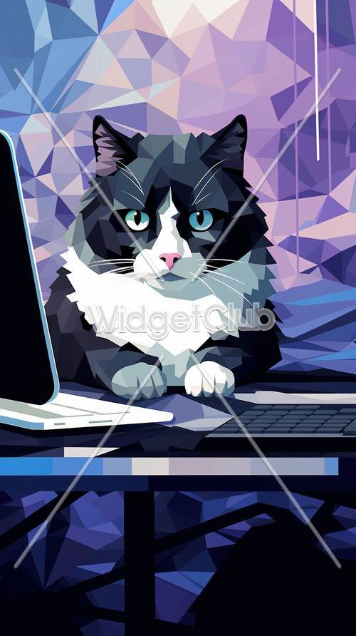 Gato junto a una computadora: ilustraciones divertidas y coloridas para tu pantalla