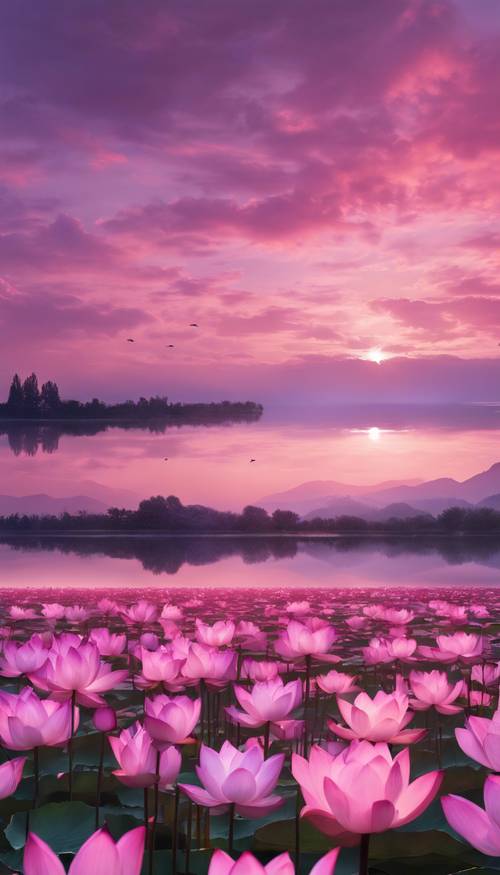 سماء غروب الشمس الجميلة، مع ظلال من اللون الوردي والأرجواني تنعكس في بحيرة هادئة تزدهر بزهور اللوتس.