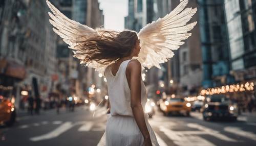 An angel trailing a cool wind behind her as she flies over a bustling city.