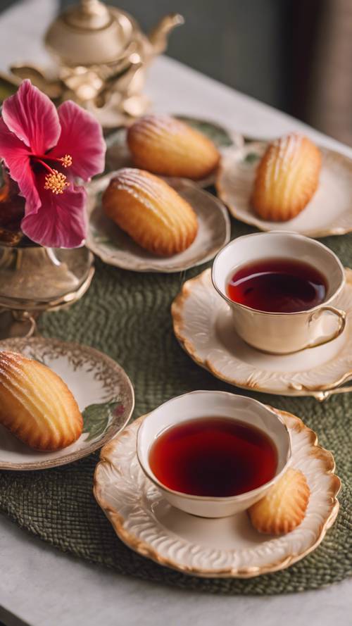 Zestaw brązowych francuskich magdalenek pomysłowo ułożonych na talerzu w stylu vintage, podawany z herbatą z hibiskusa.