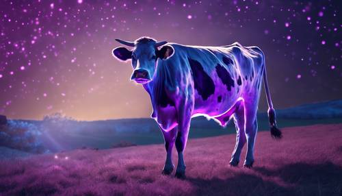 „Fantastyczny obraz krowy z ciemnofioletowymi i niebieskimi wzorami świecącymi luminescencyjnie w świetle księżyca”.